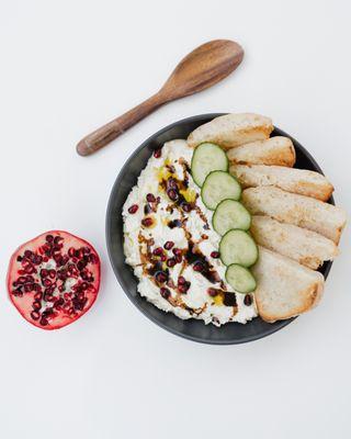 Whipped Feta: feta, yogurt, herbs, seasonal fruit, crostini + veggies for dipping