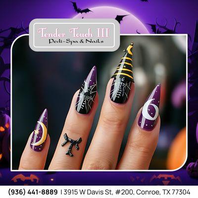 Get in the Halloween spirit with
glow-in-the-dark nails! Perfect for a night of tricks and
treats.