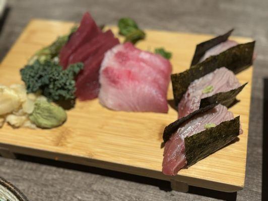 Toro, maguro and yellowfin sashimi and homemade wasabi