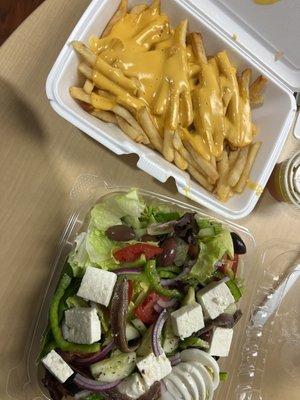 cheese fries and greek salad