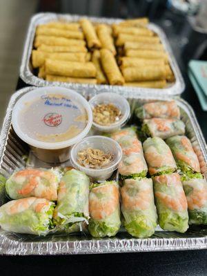 Spring rolls in catering tray.