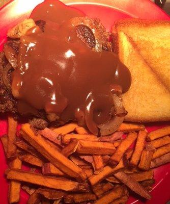 Hamburger Steaks smothered with mushrooms, onion and gravy!