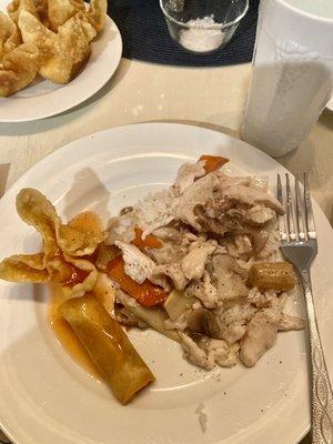 Moo goo gai pan, spring roll and crab Rangoon