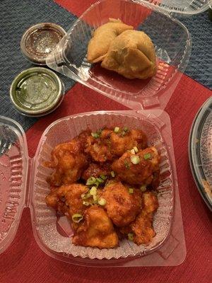 Gobi Manchurian and vegetable samosas