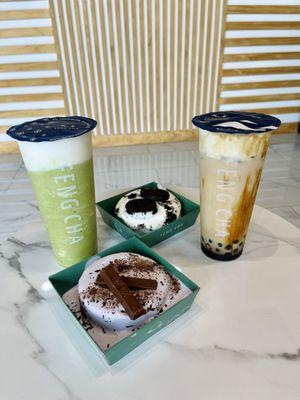 Matcha Breeze, Dirty Boba, Oreo Cheese, Taro Chocolate