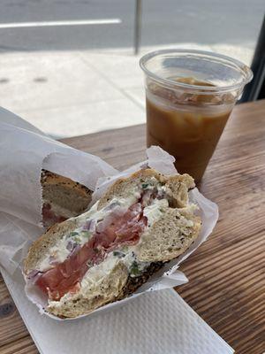 Iced vanilla coffee and Classic Lox sandwich (minus cucumbers