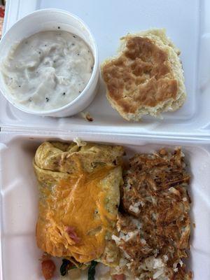 Veggie omelet with light hash browns and biscuit&gravy