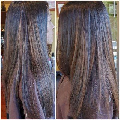 Left out a 'veil' of her natural color at the parting to create this super natural, super blended, and super easy to grow out balayage look.