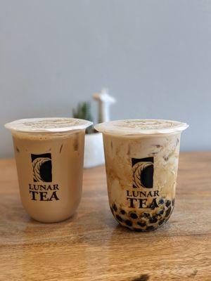 Coffee Milk Tea (left) + Roasted Oolong Milk Tea with Brown Sugar Boba (right)