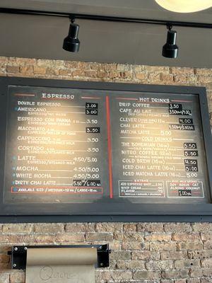 Coffee menu