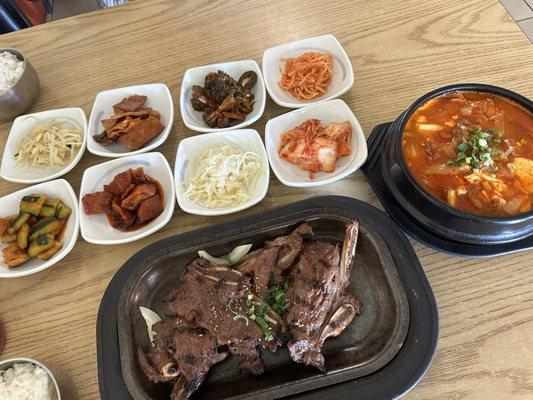 Kalbi Ribs and side items and Sundubu Jjigae Soup