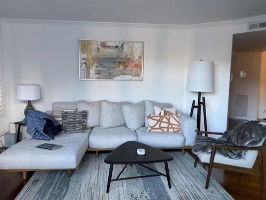 Living room- this room used to be quite dark. I had the entire condo painted "White Cloud" by Kelly-Moore.