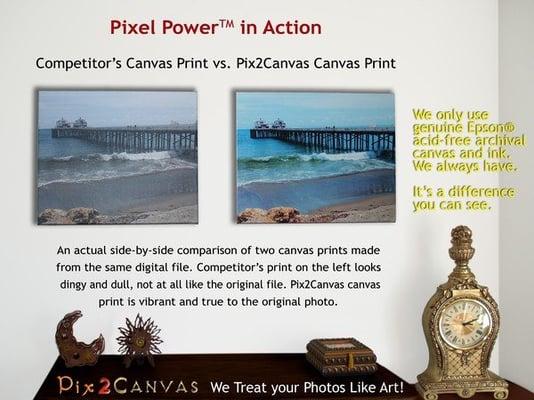 Pix2Canvas produces award-winning canvas prints. Quality is what you see. We also use 1) Epson canvas 2) Epson inks and 3) Epson printers.