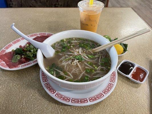 Rare beef pho, Thai tea