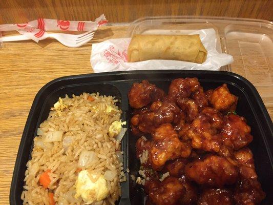 General Tso chicken with fried rice & spring roll