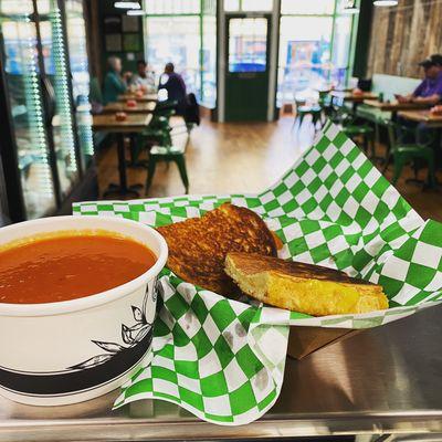 Roasted red pepper soup & toasty sourdough grilled cheese