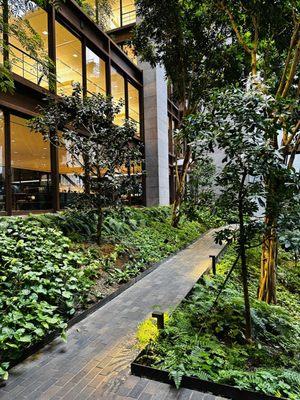 Brick paths and lighting around sensory garden