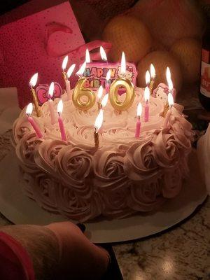 Champagne Cake with raspberry filling.  Decorated with rosettes and edible pearls.