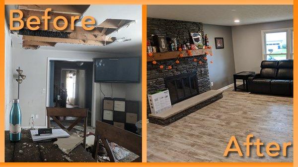 Restoration and improved living room after fire damaged a home