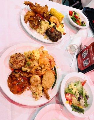 Steak, chicken, salad & shrimp