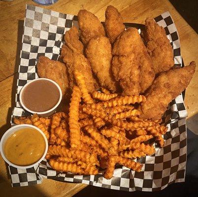 10 chicken tenders with Sweet Fries. Sauces are Peanut Butter & Jelly and Carolina Mustard