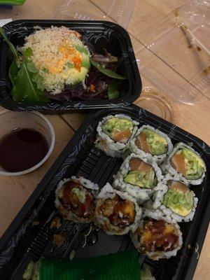 Snow Ball Appetizer, sweet potato roll, Salmon Avocado and Cucumber roll