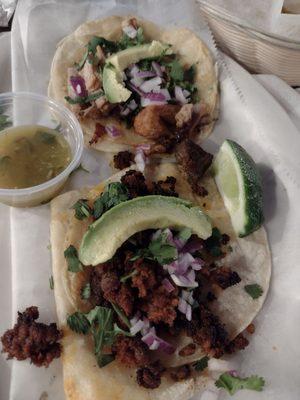 Taco Authentic...carnitas up top, chorizo down below.