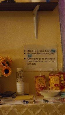 Codes for the bathroom, which is in the karaoke thing down the stairs.