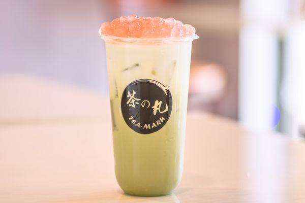 Uji Matcha latte with strawberry boba