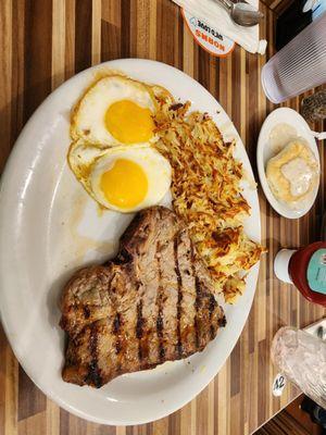 1 lb porterhouse steak, eggs, hash browns, & biscuits and gravy