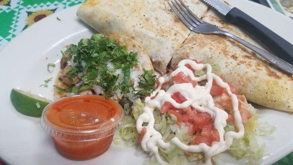 Steak quesadilla and chicken taco