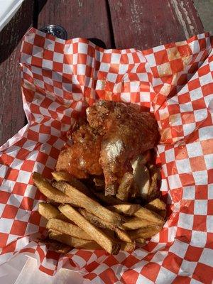 Chicken wings and home cut frys.