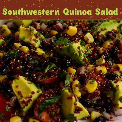 Red Quinoa, Black Bean, Corn, Cherry Tomato,  Red Onion, Fresh Herbs, Avocado, Lemon & Olive Oil Dressing