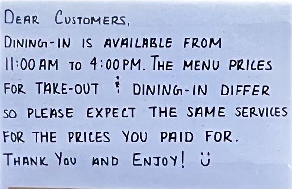 Prices differ for take-out versus dine-in.