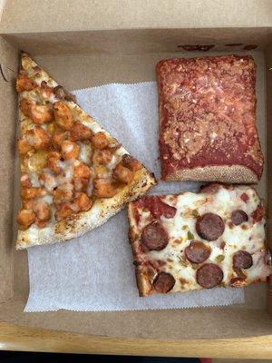 Buffalo Chicken Pizza, Siclian Brooklyn Square Pizza, Arrabiata slice (diced cherry peppers & slices spicy Italian sausage)