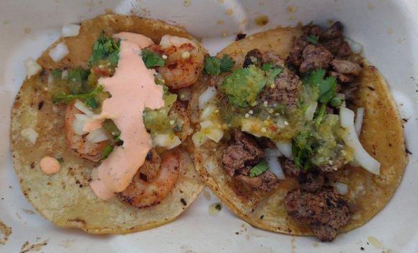 Shrimp taco and carne asada taco