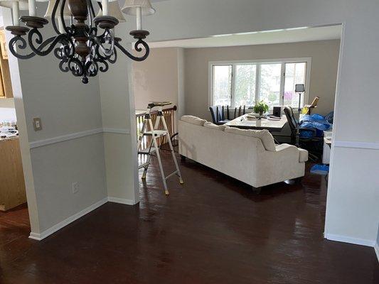 Stripped Wood flooring 
Stained and finished with waterbase polyurethane 
Polished ceilings 
Painted walls and trims