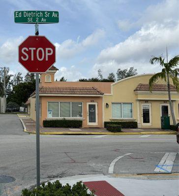 On the corner, exterior view.