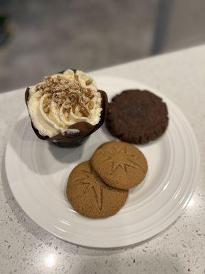 Peanut butter cookies, double chocolate chip cookie, carrot cake cupcake