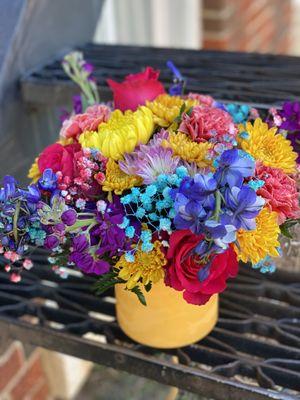 colorful daily arrangement with tinted baby's breath