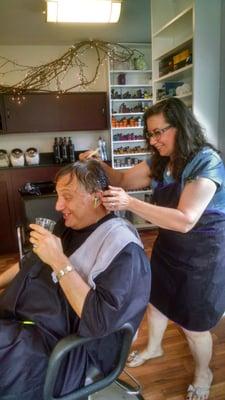 Having fun with Glenn. He usually has ear buds in conducting business while I cut his hair! Multi-tssking!