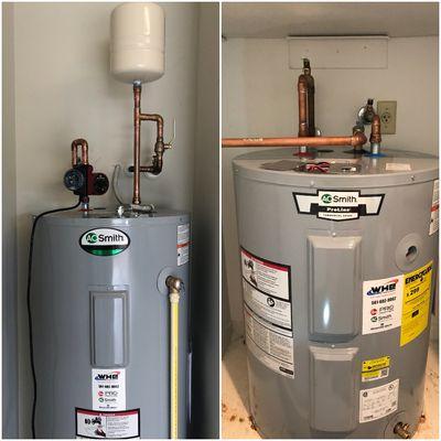 One water heater installed in a garage and the other in a condo.