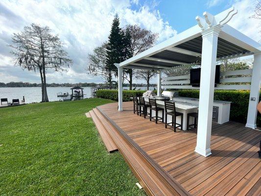 Custom Outdoor Kitchen under a Custom Pergola, and Decking