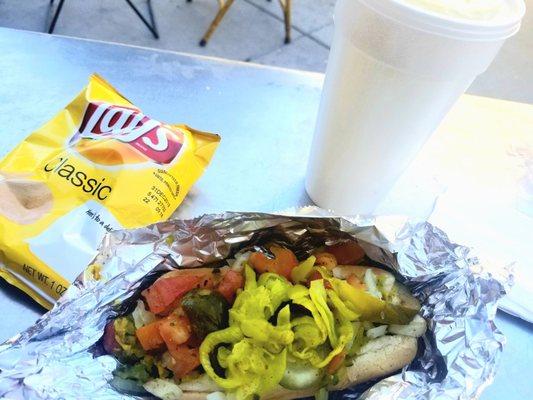 Chicago Dog, chips and homemade Lemonade