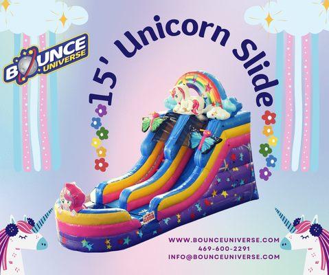 15' Unicorn Slide to make your kids dreams come true! #bouncehouse #inflatablerentals #dallastx #partyrentals #unicorns #rainbows #butterfly