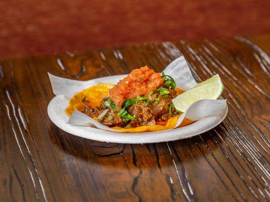 Braised Beef Short Ribs with Onions, Cilantro & Salsa Roja