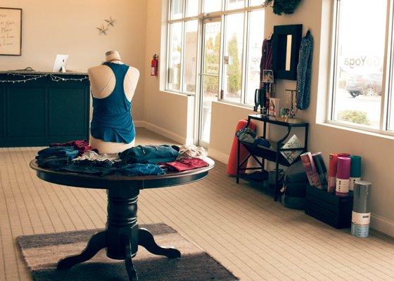 We've got lots of yoga gear and retail available for purchase in our big lobby