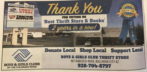 Voted Best Thrift Store & Best place to Buy Books for two years in a row!