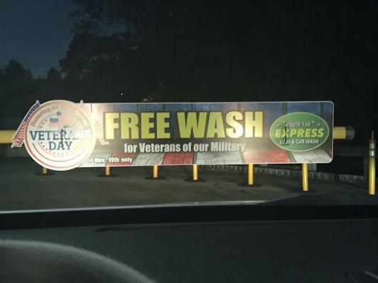 Free car wash for all veterans on Veteran's Day (Nov. 11th).  Thank you Rt 130 Express.