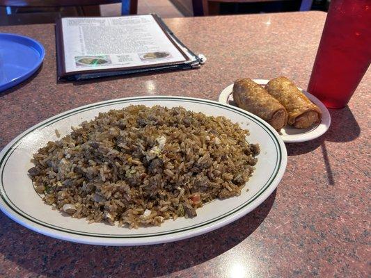 Beef friend rice and 2 eggrolls. Portions are TX size.